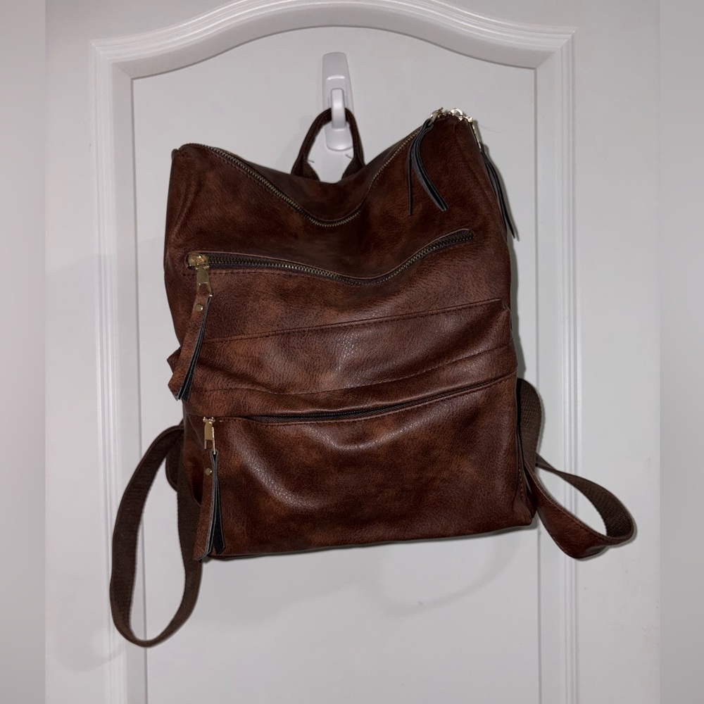 Dora & Liz Elegant Brown Leather Backpack with Pockets - Picture 9 of 10